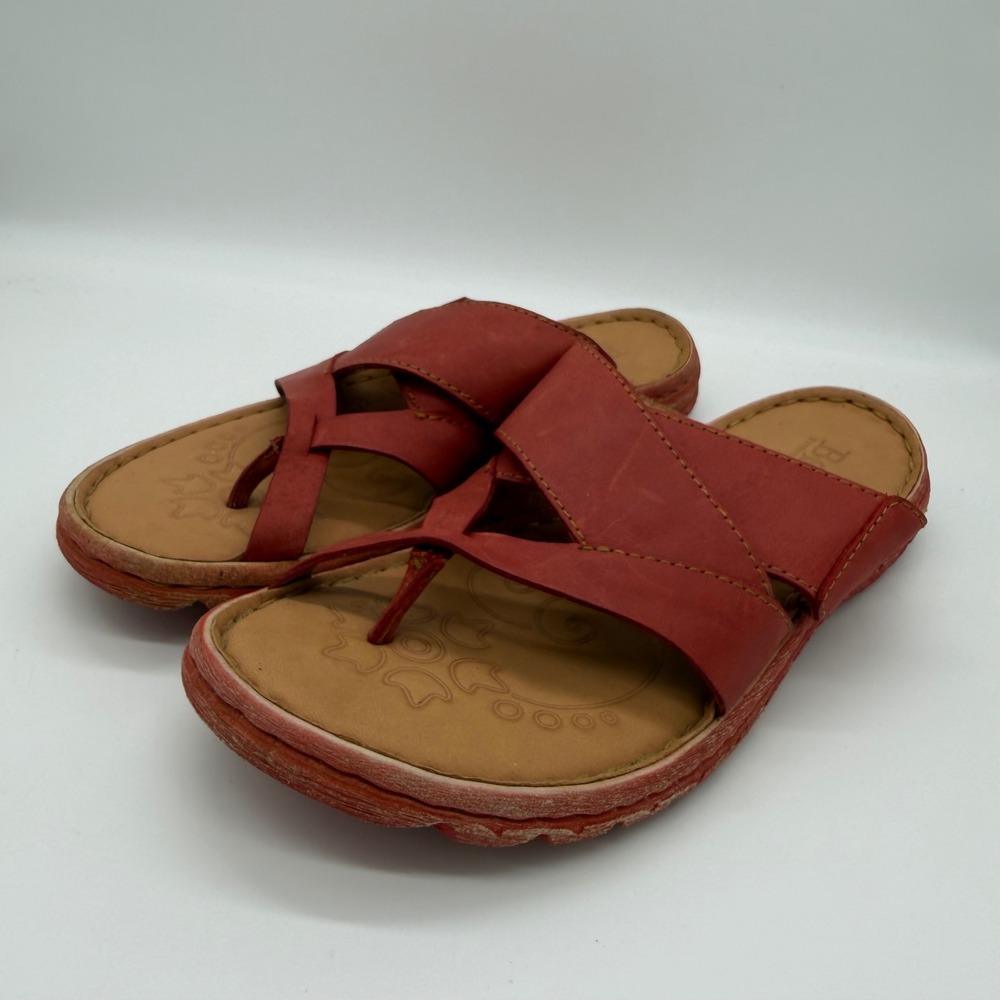 Born Womens Red Orange Leather Strappy Thong Slide Sandals D62205 Size 9